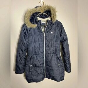 Tommy Hilfiger Girls Navy Puffer Parka Faux Fur Hood Fleece Lined Jacket XL 16